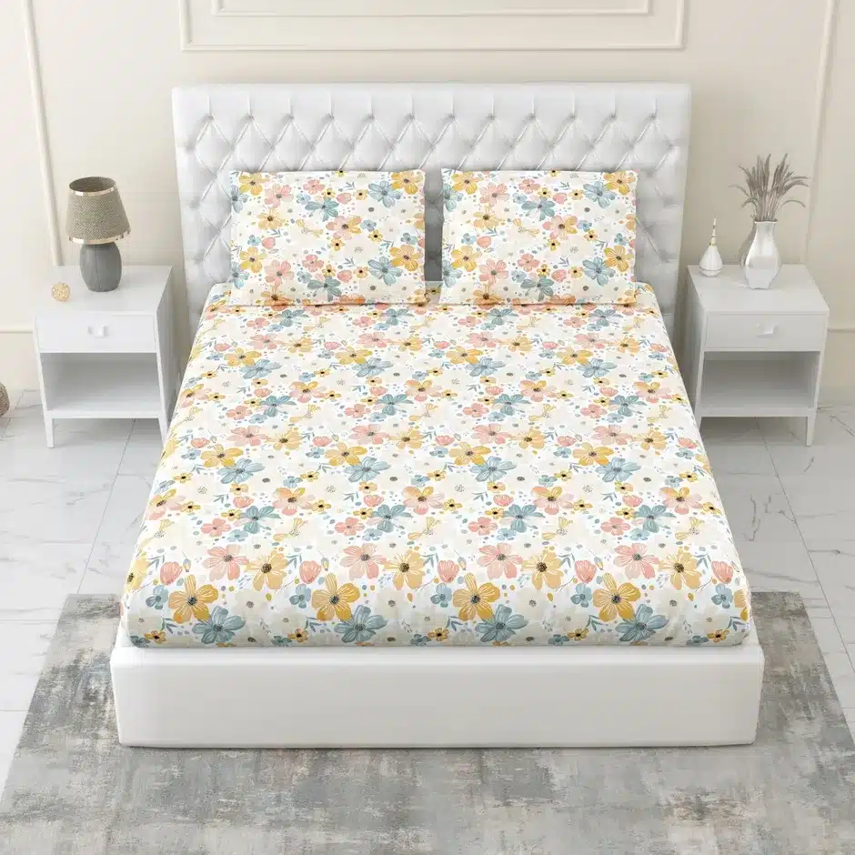 Floral Printed Fitted Bedsheet with 2 Pillow Covers